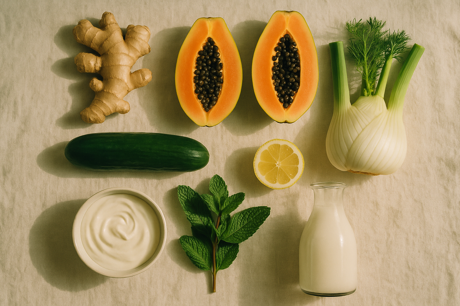 Alimentos que desincham · gengibre, mamão, erva-doce