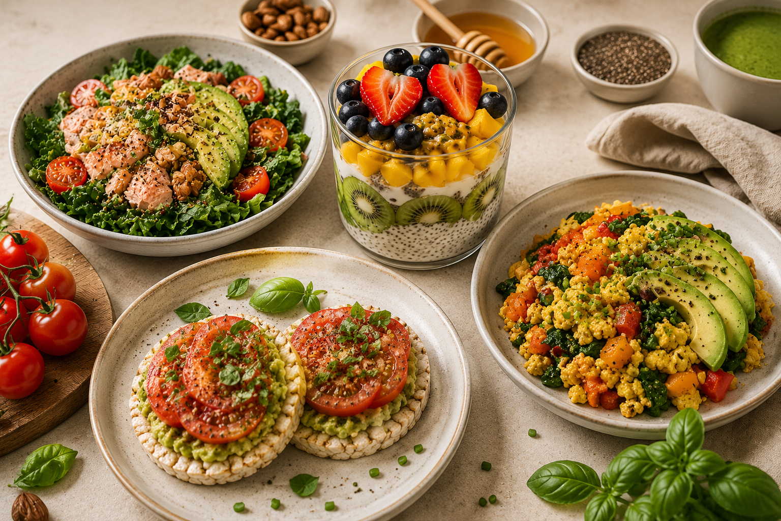 Os 12 alimentos-chave: folhas verdes, salmão, ovos, abacate, frutas cítricas, castanhas, berries