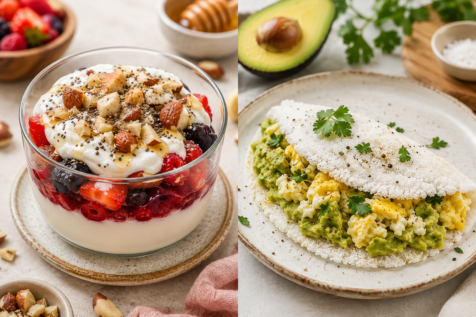Café da manhã pró-colágeno: iogurte com mirtilos, smoothie verde, toast de abacate, ovos, chia pudding