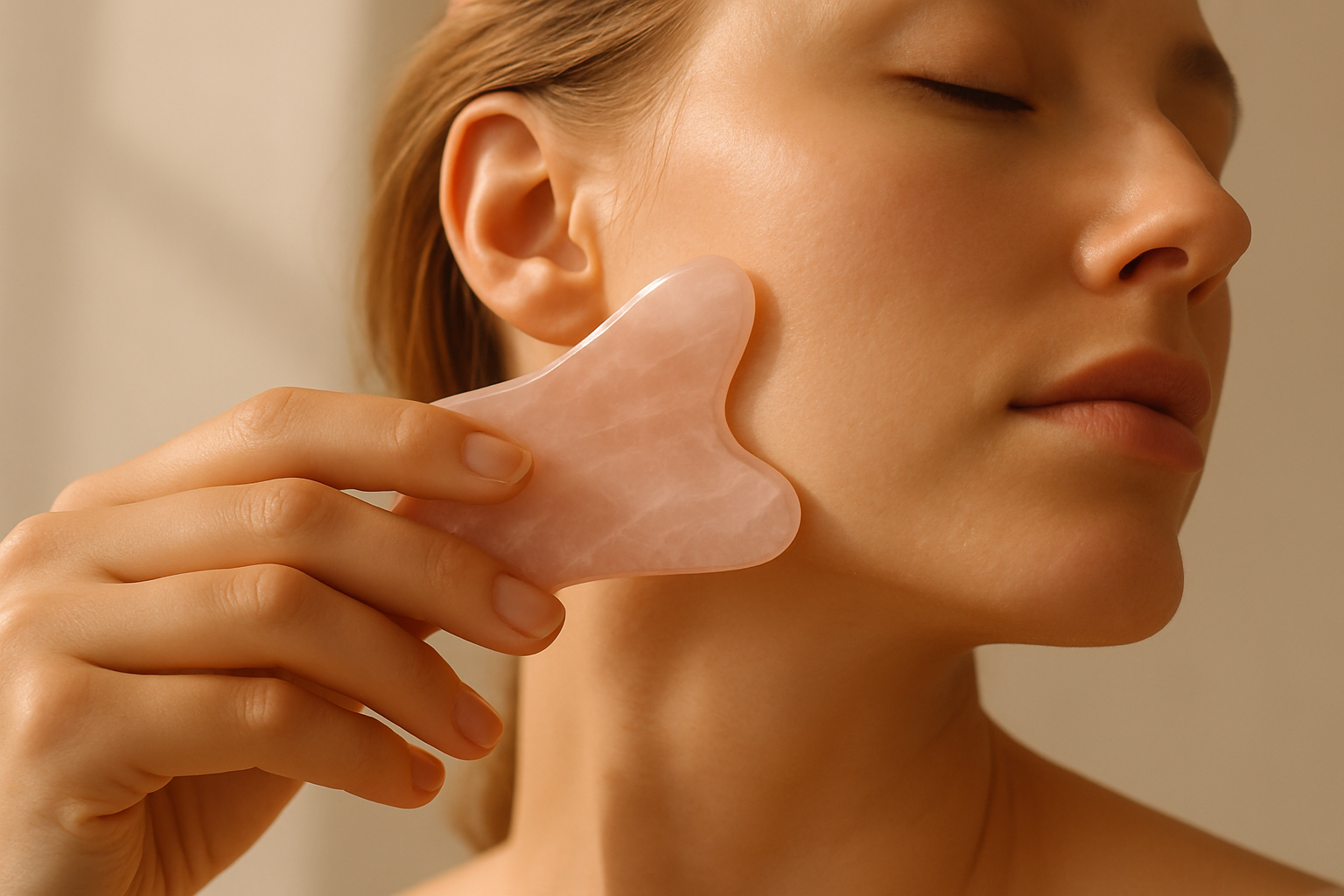 Gua sha de quartzo rosa sobre o rosto