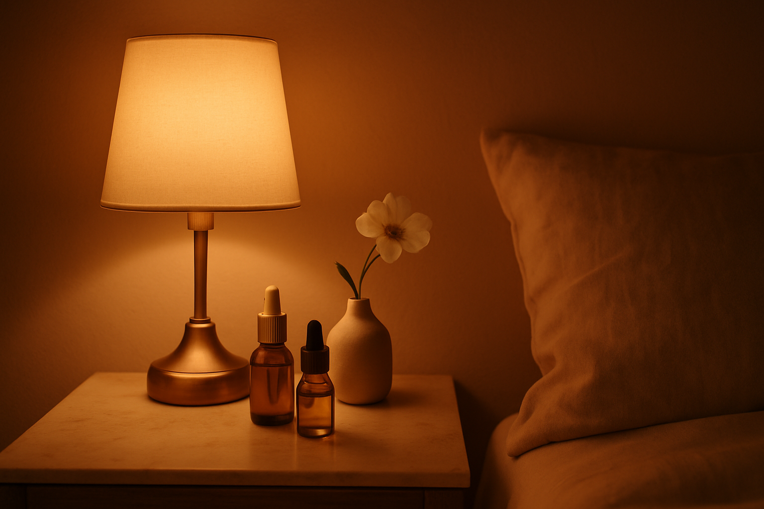 Mesa de cabeceira com skincare e abajur acesa