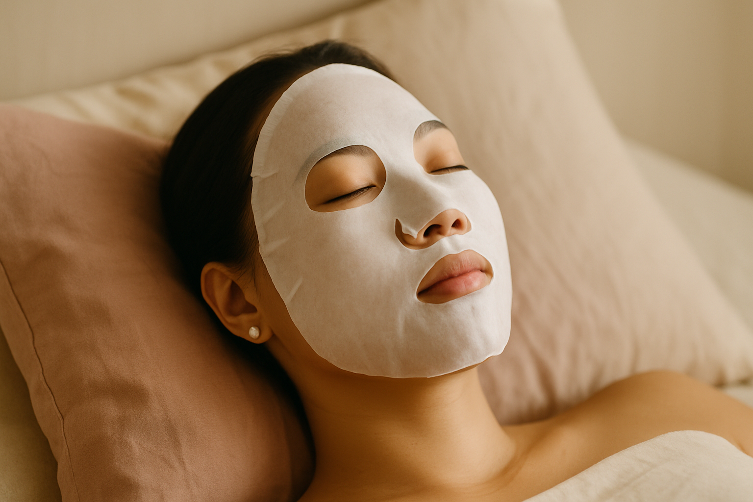 Mulher com sheet mask em relaxamento profundo